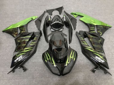 2007-2008 Kawasaki ZX6R Motorcycle Fairings - Black Light Green Flame UK Manufacturers