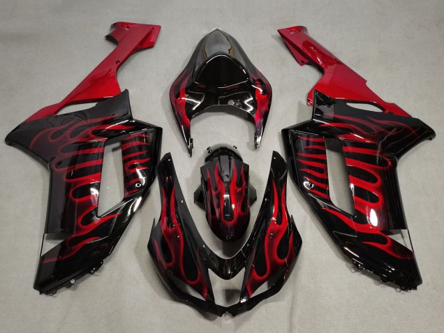 2007-2008 Kawasaki ZX6R Motorcycle Fairings - Black Red Flame UK Manufacturers