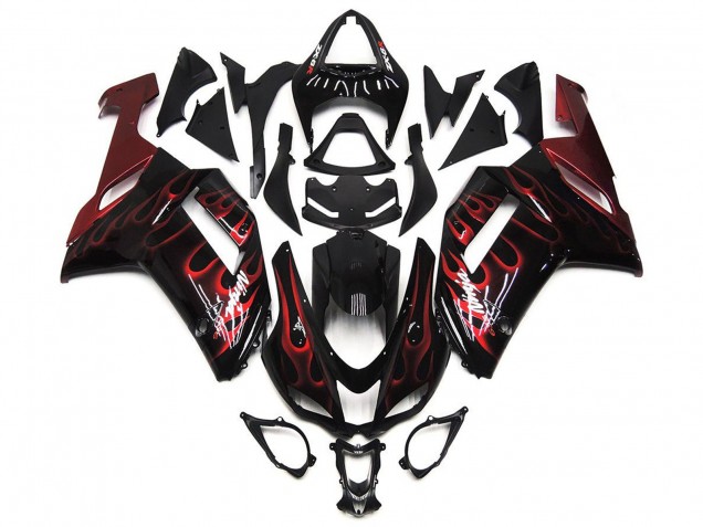 2007-2008 Kawasaki ZX6R Motorcycle Fairings - Black White Red Flame UK Manufacturers