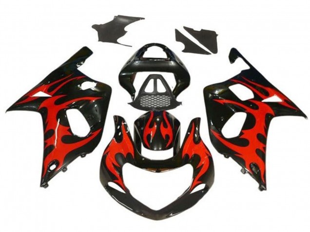 2000-2002 Suzuki GSXR1000 Motorcycle Fairings - Glossy Black Red Tribal UK Manufacturers