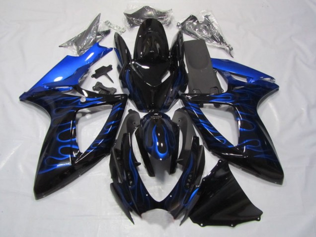2006-2007 Suzuki GSXR 750 Motorcycle Fairings - Glossy Black Blue Flame UK Manufacturers