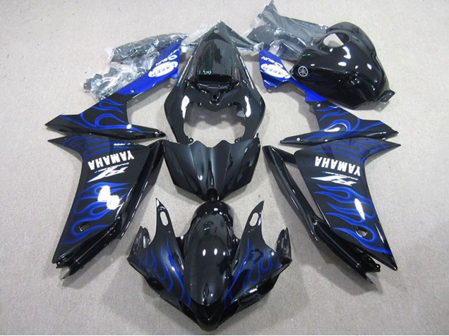 2007-2008 Yamaha YZF R1 Motorcycle Fairings - Glossy Black Blue Flame UK Manufacturers