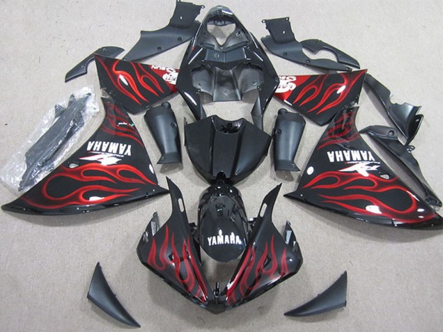 2009-2011 Yamaha YZF R1 Motorcycle Fairings - Glossy Black Red Flame UK Manufacturers