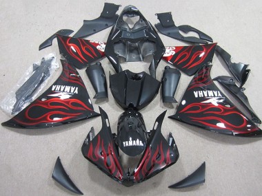 2012-2014 Yamaha YZF R1 Motorcycle Fairings - Glossy Black Red Flame UK Manufacturers