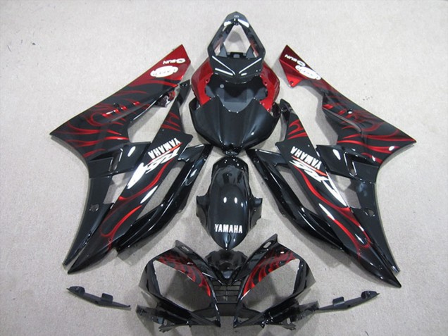 2006-2007 Yamaha YZF R6 Motorcycle Fairings - Glossy Black Red Flame UK Manufacturers