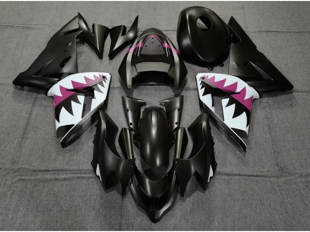 2004-2005 Matte Black and Pink Shark ZX10R Motorcycle Fairings